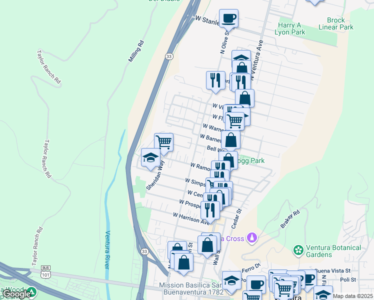 map of restaurants, bars, coffee shops, grocery stores, and more near 226 Oakwood Street in Ventura
