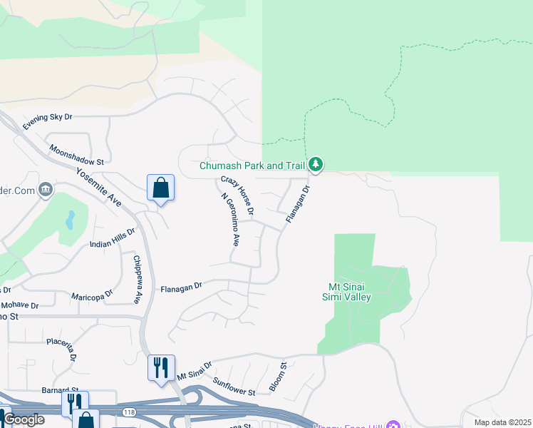 map of restaurants, bars, coffee shops, grocery stores, and more near 6024 Mohican Street in Simi Valley
