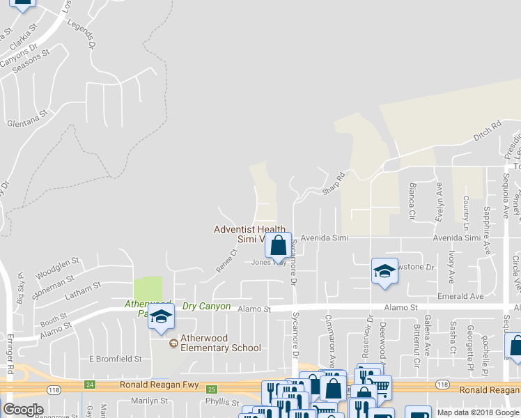 map of restaurants, bars, coffee shops, grocery stores, and more near 3086 Anderson Drive in Simi Valley
