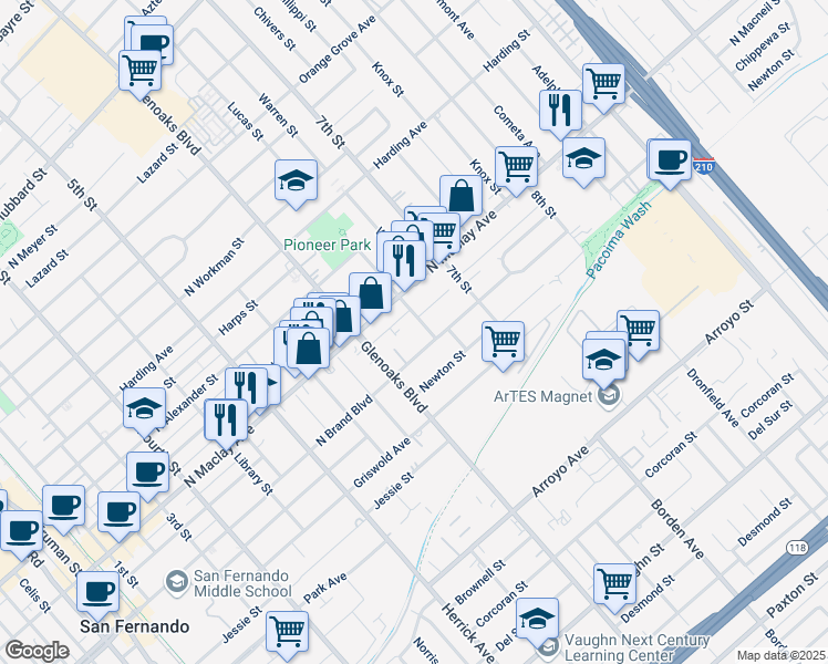 map of restaurants, bars, coffee shops, grocery stores, and more near 920 Lucas Street in San Fernando
