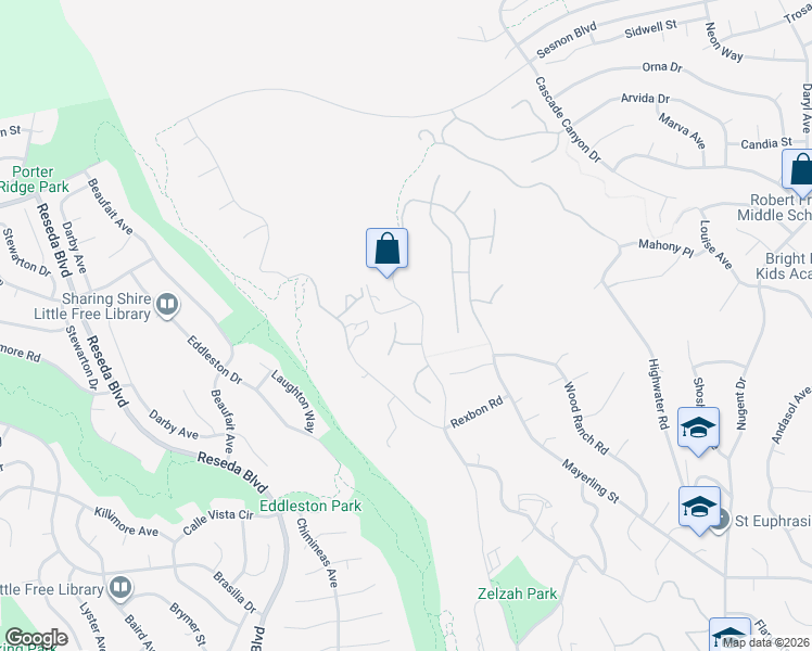 map of restaurants, bars, coffee shops, grocery stores, and more near 12058 North Creekview Road in Los Angeles