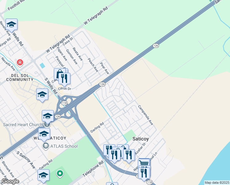 map of restaurants, bars, coffee shops, grocery stores, and more near 106 Begonia Place in Ventura