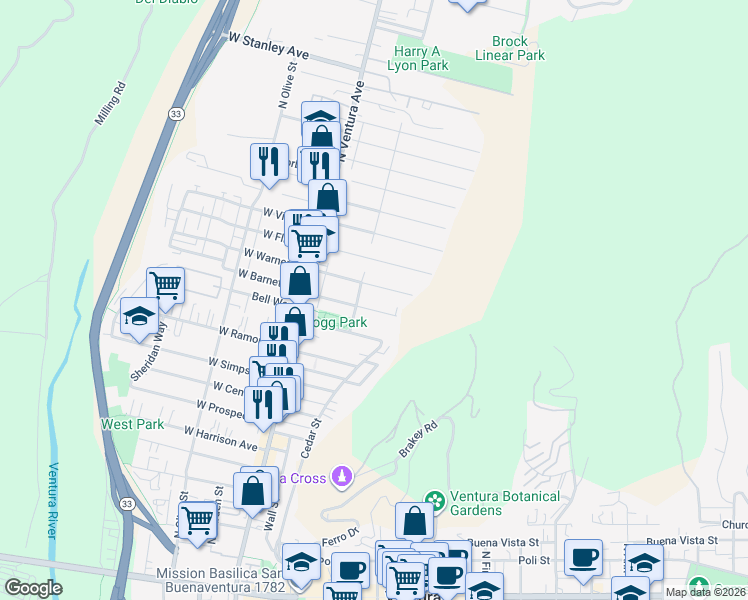 map of restaurants, bars, coffee shops, grocery stores, and more near 185 East Barnett Street in Ventura