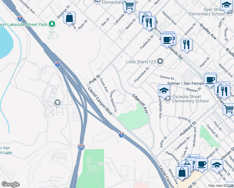 map of restaurants, bars, coffee shops, grocery stores, and more near 15137 Trail View Court in Los Angeles