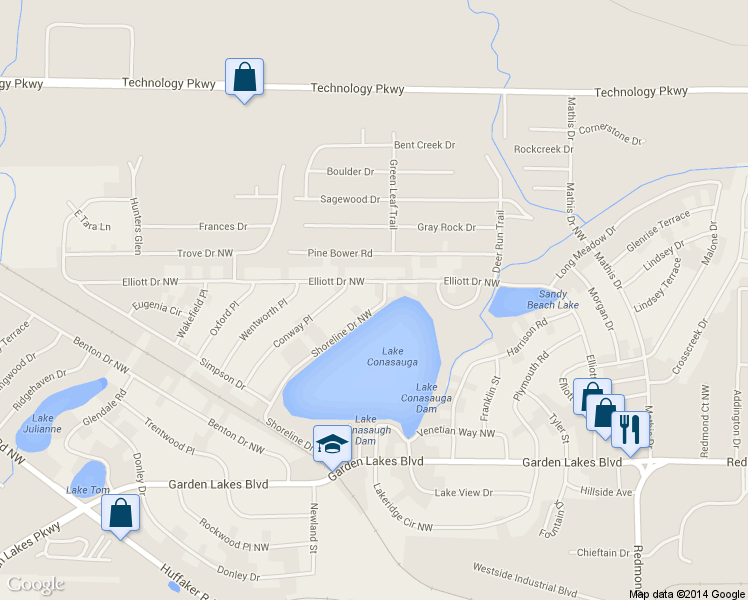 map of restaurants, bars, coffee shops, grocery stores, and more near 133 Shoreline Dr NW in Rome