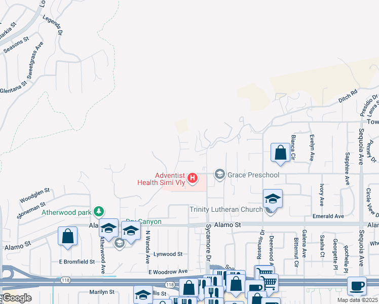 map of restaurants, bars, coffee shops, grocery stores, and more near 2644 Blue Ridge Circle in Simi Valley