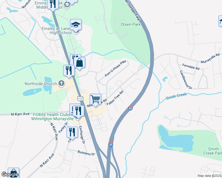 map of restaurants, bars, coffee shops, grocery stores, and more near 5807 Murrayville Road in Wilmington