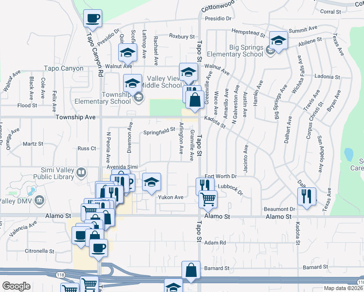 map of restaurants, bars, coffee shops, grocery stores, and more near 3079 Granville Avenue in Simi Valley
