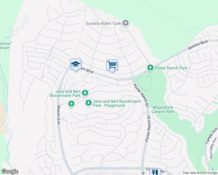 map of restaurants, bars, coffee shops, grocery stores, and more near 20342 Androwe Lane in Los Angeles