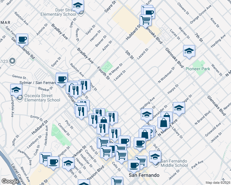 map of restaurants, bars, coffee shops, grocery stores, and more near 316 Orange Grove Avenue in San Fernando