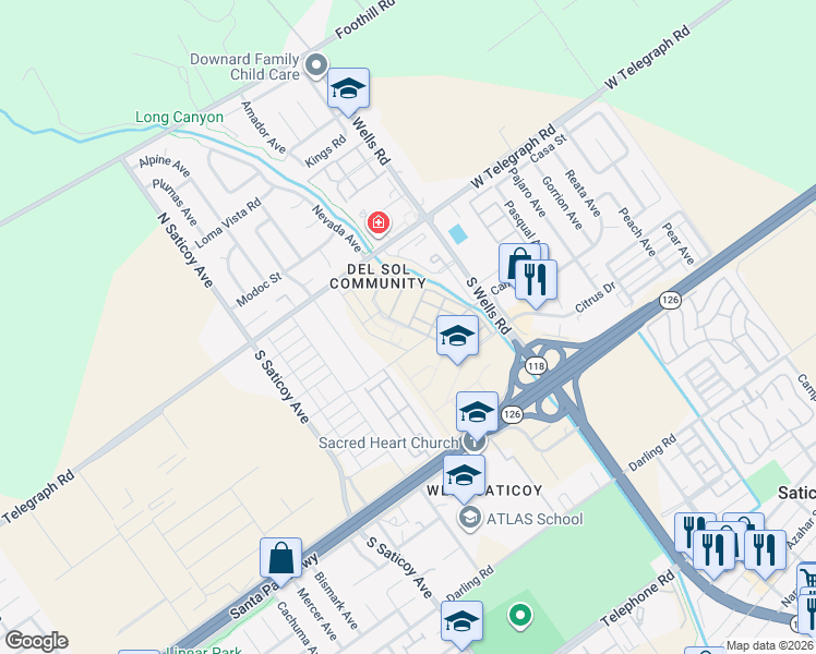 map of restaurants, bars, coffee shops, grocery stores, and more near South Nevada Avenue in Ventura