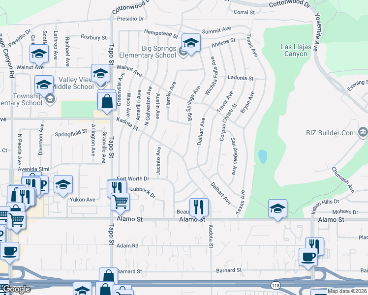 map of restaurants, bars, coffee shops, grocery stores, and more near 3075 Big Springs Avenue in Simi Valley