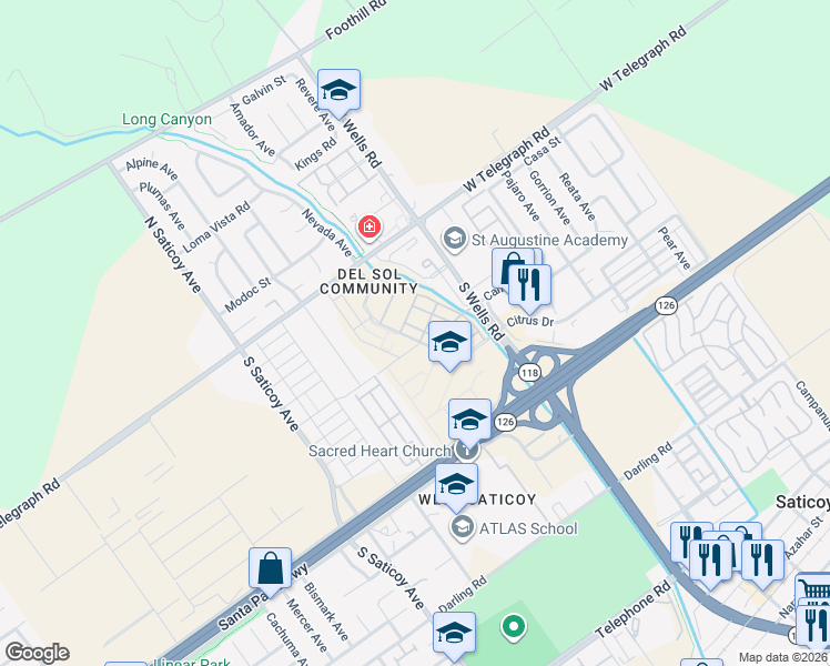 map of restaurants, bars, coffee shops, grocery stores, and more near South Nevada Avenue in Ventura