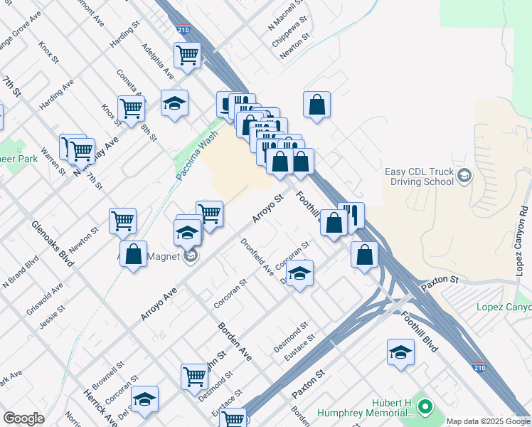 map of restaurants, bars, coffee shops, grocery stores, and more near 13000 Arroyo Street in San Fernando