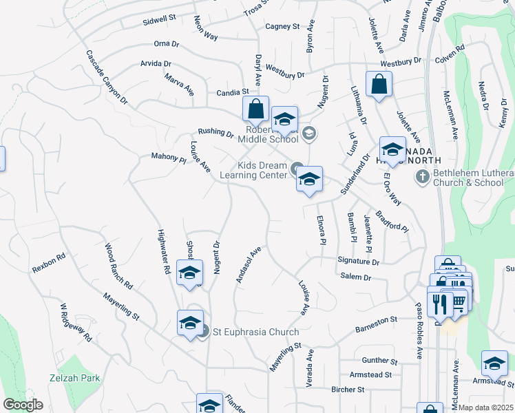 map of restaurants, bars, coffee shops, grocery stores, and more near 12113 Louise Avenue in Los Angeles