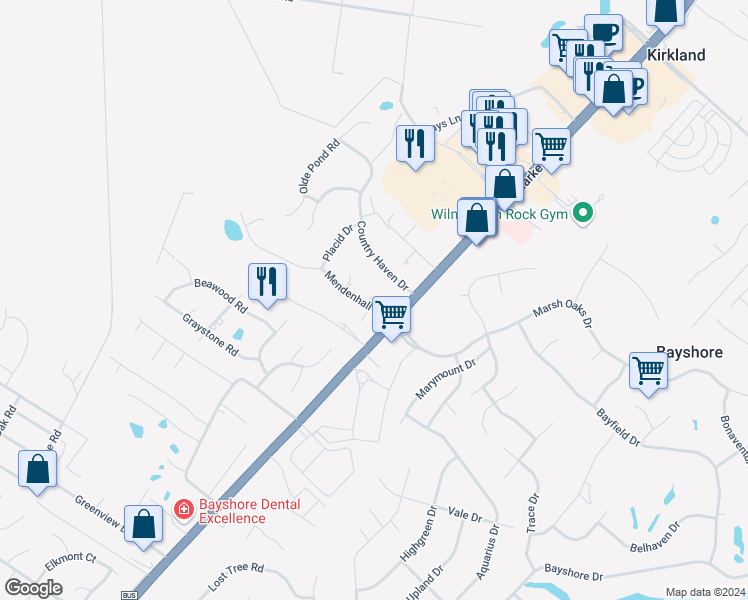 map of restaurants, bars, coffee shops, grocery stores, and more near 112 Mendenhall Drive in Wilmington