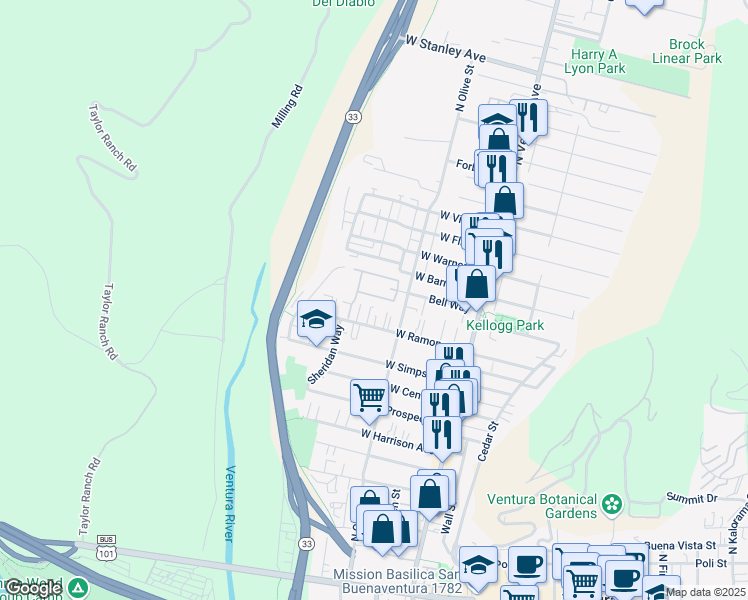 map of restaurants, bars, coffee shops, grocery stores, and more near 246 Oakwood Street in Ventura