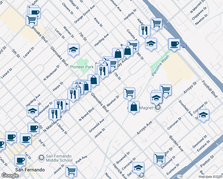map of restaurants, bars, coffee shops, grocery stores, and more near 907 North Brand Boulevard in San Fernando