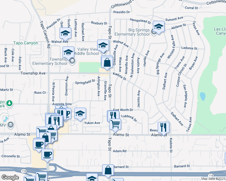 map of restaurants, bars, coffee shops, grocery stores, and more near 3091 Waco Avenue in Simi Valley