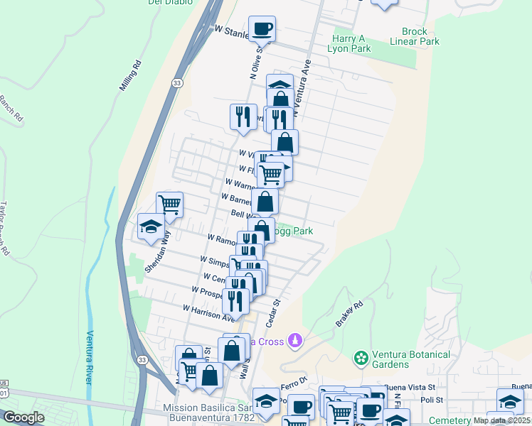 map of restaurants, bars, coffee shops, grocery stores, and more near 865 North Ventura Avenue in Ventura