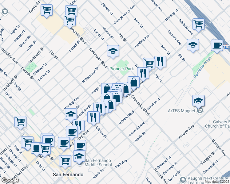 map of restaurants, bars, coffee shops, grocery stores, and more near 725 N Hagar St in San Fernando