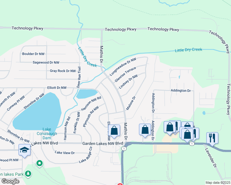 map of restaurants, bars, coffee shops, grocery stores, and more near 119 Mathis Dr NW in Rome