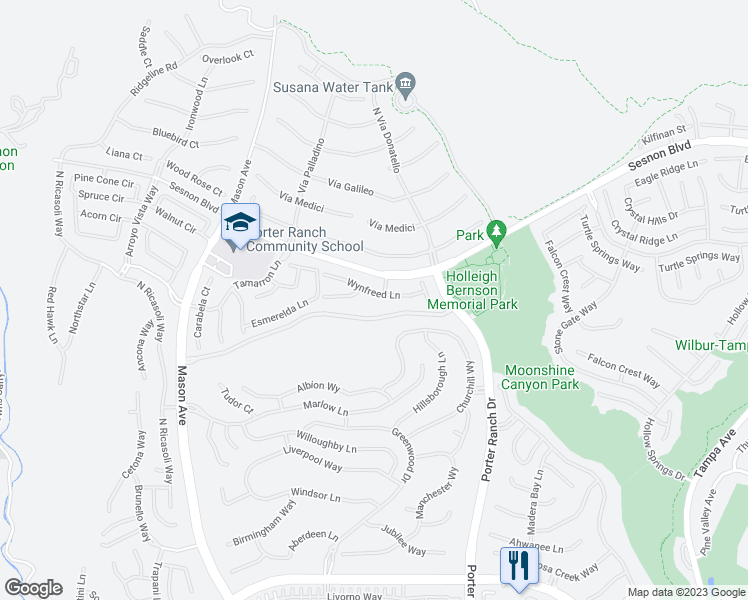 map of restaurants, bars, coffee shops, grocery stores, and more near 20308 Wynfreed Lane in Los Angeles