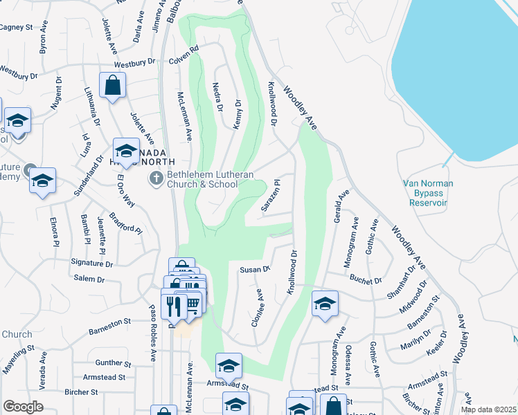 map of restaurants, bars, coffee shops, grocery stores, and more near 12215 Sarazen Place in Los Angeles