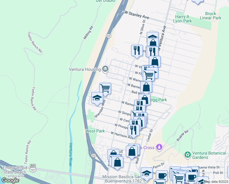 map of restaurants, bars, coffee shops, grocery stores, and more near 246 Oakwood Street in Ventura