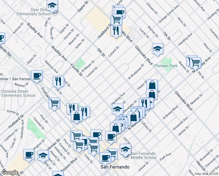 map of restaurants, bars, coffee shops, grocery stores, and more near 454 Fermoore Street in San Fernando