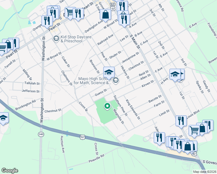 map of restaurants, bars, coffee shops, grocery stores, and more near 104 Southern Pine Street in Darlington