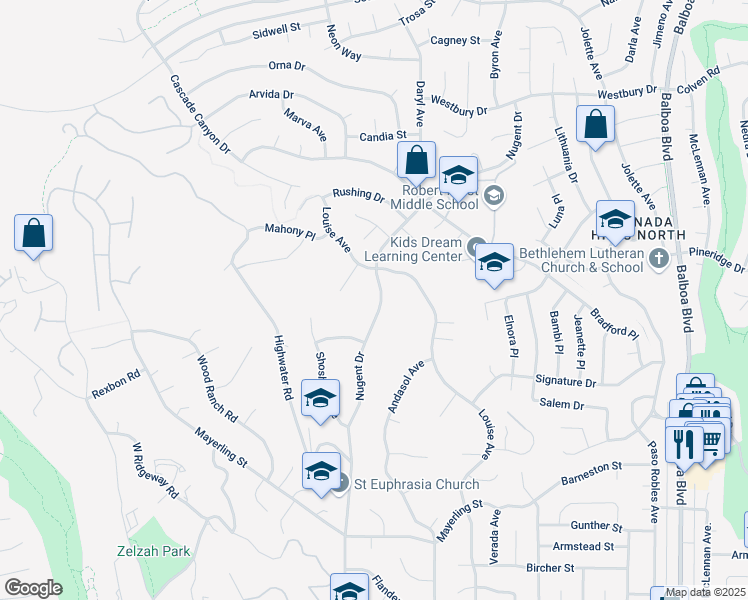map of restaurants, bars, coffee shops, grocery stores, and more near 12131 Nugent Drive in Los Angeles