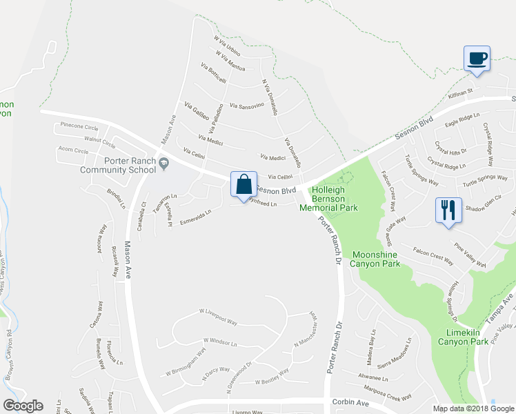 map of restaurants, bars, coffee shops, grocery stores, and more near 20316 Wynfreed Lane in Los Angeles
