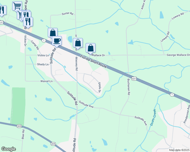 map of restaurants, bars, coffee shops, grocery stores, and more near 169 Doyle Drive in Albertville