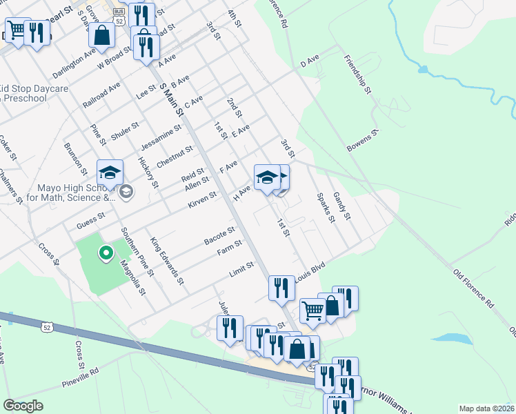 map of restaurants, bars, coffee shops, grocery stores, and more near 106 McInnis Street in Darlington