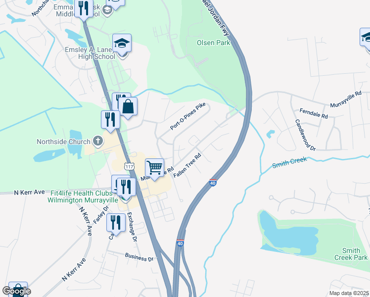 map of restaurants, bars, coffee shops, grocery stores, and more near 5815 Cataba Court in Wilmington