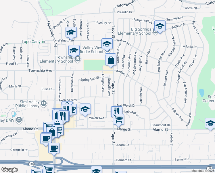 map of restaurants, bars, coffee shops, grocery stores, and more near 3079 Granville Avenue in Simi Valley