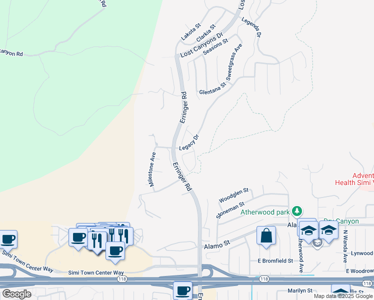 map of restaurants, bars, coffee shops, grocery stores, and more near 1847 Swan Falls Street in Simi Valley