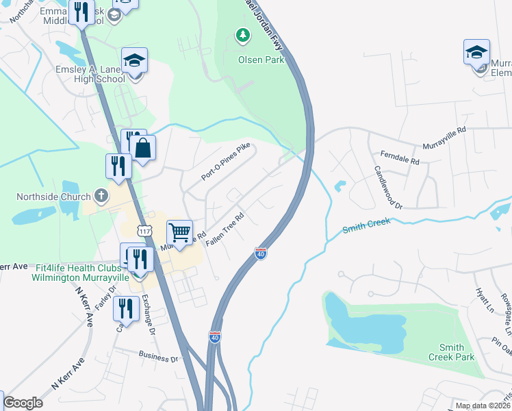 map of restaurants, bars, coffee shops, grocery stores, and more near 3605 Leaning Tree Court in Wilmington
