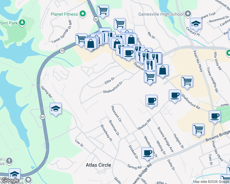 map of restaurants, bars, coffee shops, grocery stores, and more near 221 Shallowford Drive in Gainesville