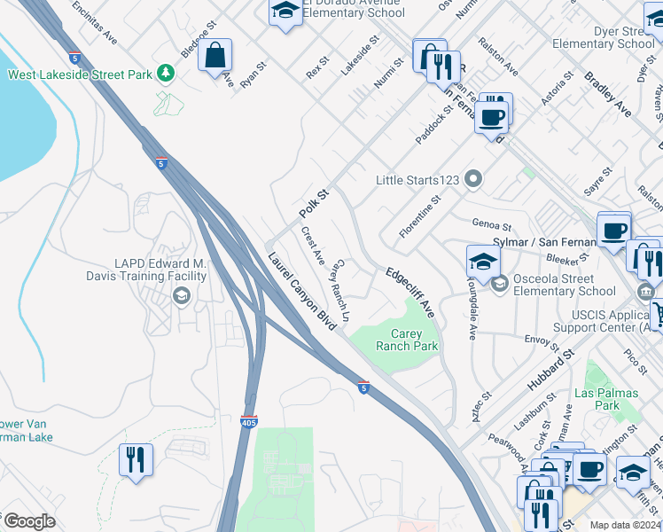 map of restaurants, bars, coffee shops, grocery stores, and more near 15151 Carey Ranch Lane in Los Angeles