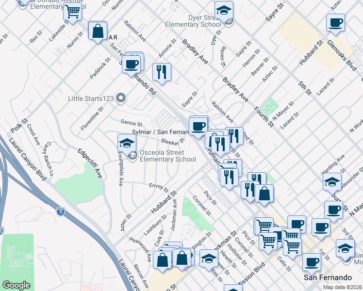 map of restaurants, bars, coffee shops, grocery stores, and more near 14736 Bleeker Street in Los Angeles