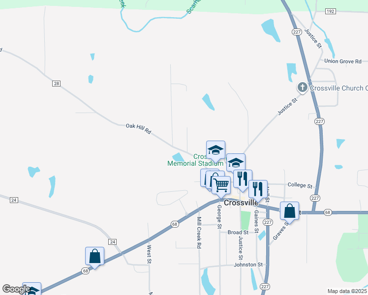 map of restaurants, bars, coffee shops, grocery stores, and more near 17 Cypress Lane in Crossville