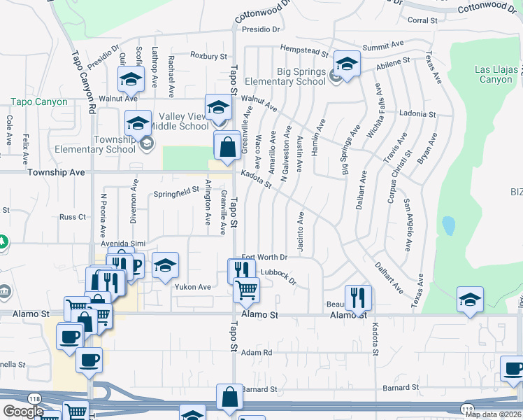 map of restaurants, bars, coffee shops, grocery stores, and more near 3092 Amarillo Avenue in Simi Valley