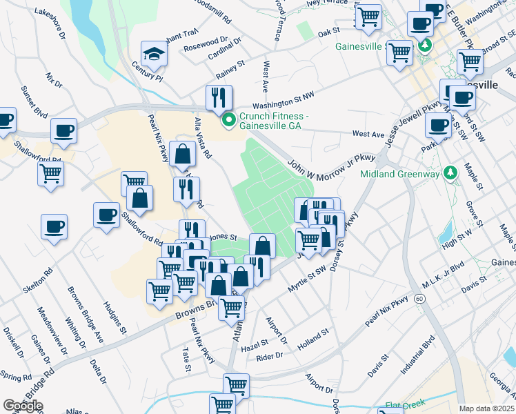 map of restaurants, bars, coffee shops, grocery stores, and more near Northeast 2nd Street in Gainesville
