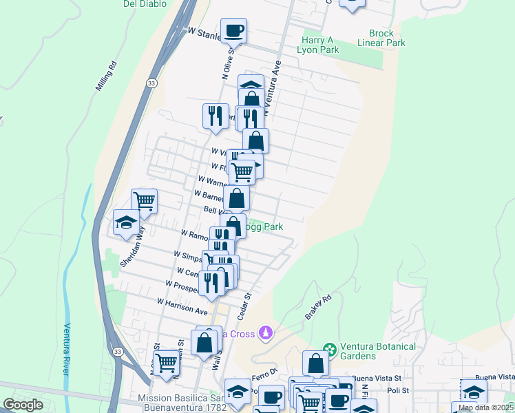 map of restaurants, bars, coffee shops, grocery stores, and more near 67 East Barnett Street in Ventura