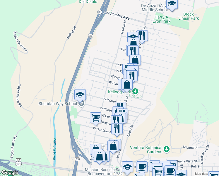map of restaurants, bars, coffee shops, grocery stores, and more near 830 North Olive Street in Ventura
