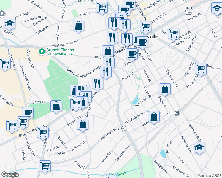 map of restaurants, bars, coffee shops, grocery stores, and more near 705 Banks Street in Gainesville