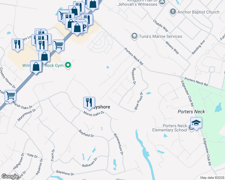 map of restaurants, bars, coffee shops, grocery stores, and more near 604 Kauri Street in Wilmington