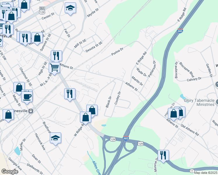 map of restaurants, bars, coffee shops, grocery stores, and more near 821 West Ridge Road in Gainesville